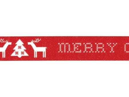 Merry Christmas - hvit på rød - 15 mm x 10 m